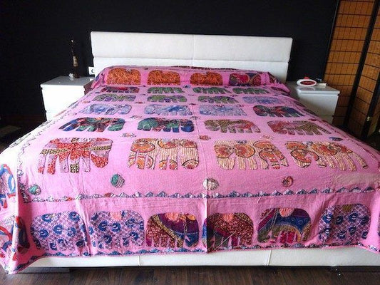 Colcha india de algodón con patchwork de elefantes