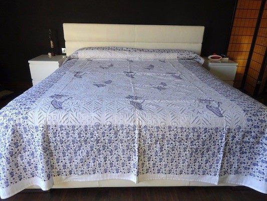 Colcha india de algodón con bordado transparente azul