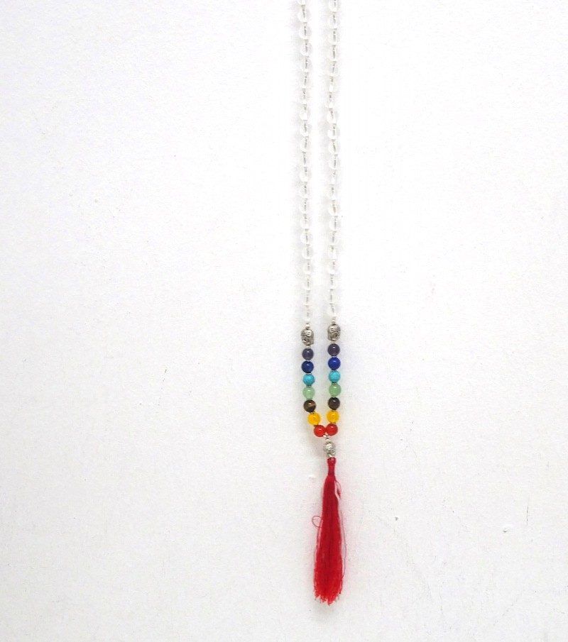 Mala de minerales naturales de CUARZO BLANCO O CRISTAL DE ROCA con piedras de 7 CHAKRAS y cabeza de BUDA
