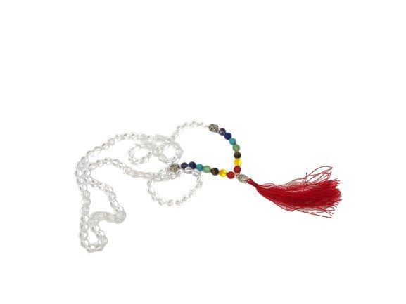 Mala de minerales naturales de CUARZO BLANCO O CRISTAL DE ROCA con piedras de 7 CHAKRAS y cabeza de BUDA