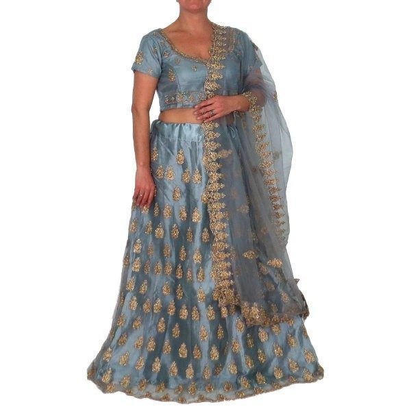 Conjunto Bollywood Lengha choli bordado flor de lis con dupatta