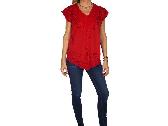 Camisa india de algodón bordada con cuello y borde en pico