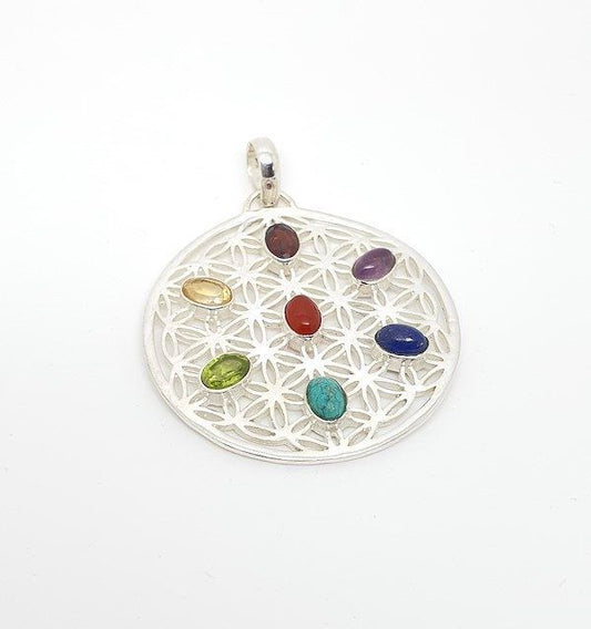Colgante de plata flor de la vida con minerales 7 chakras