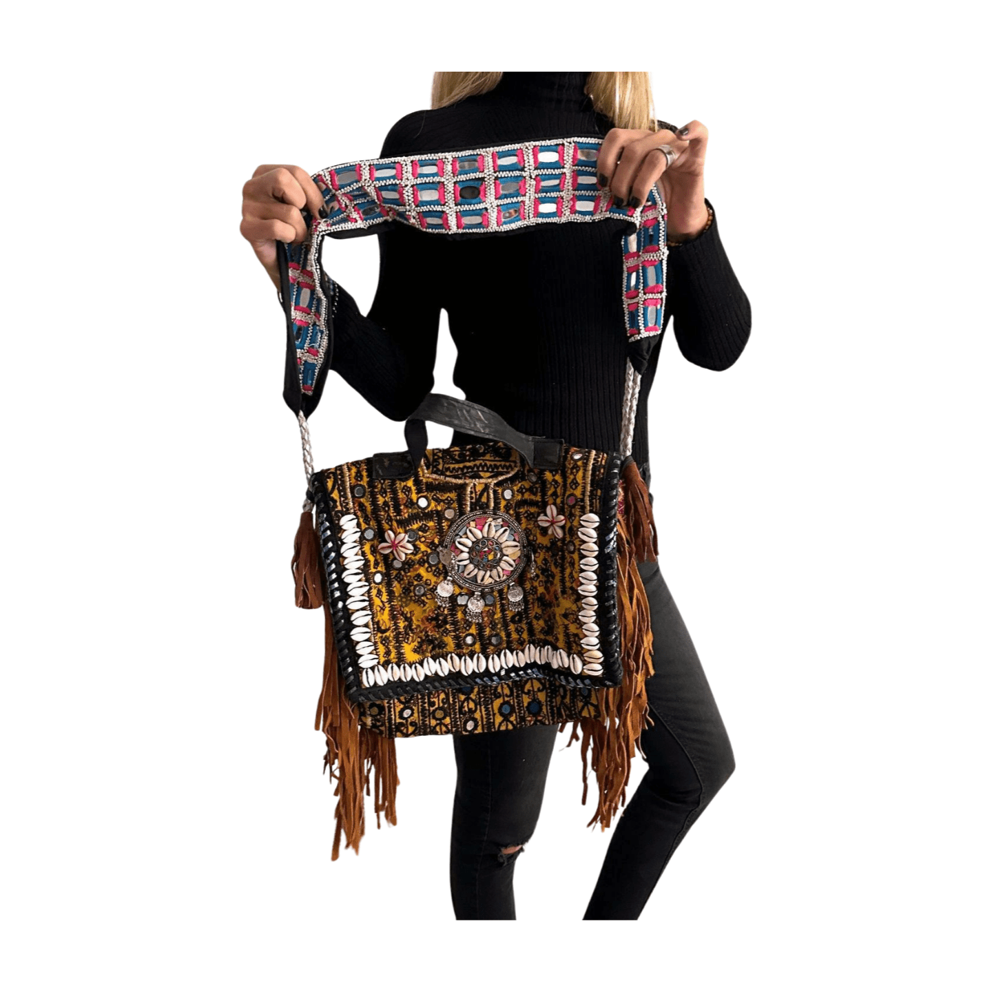 Bolso bohemio de piel con flecos y abalorios-BP1