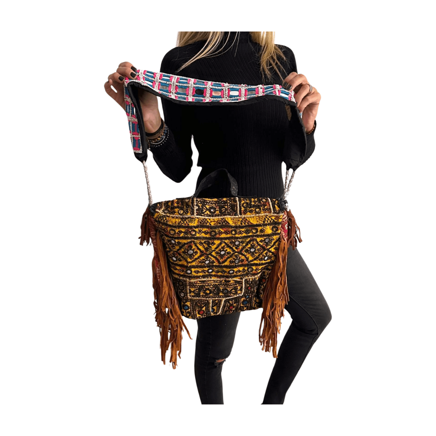 Bolso bohemio de piel con flecos y abalorios-BP1