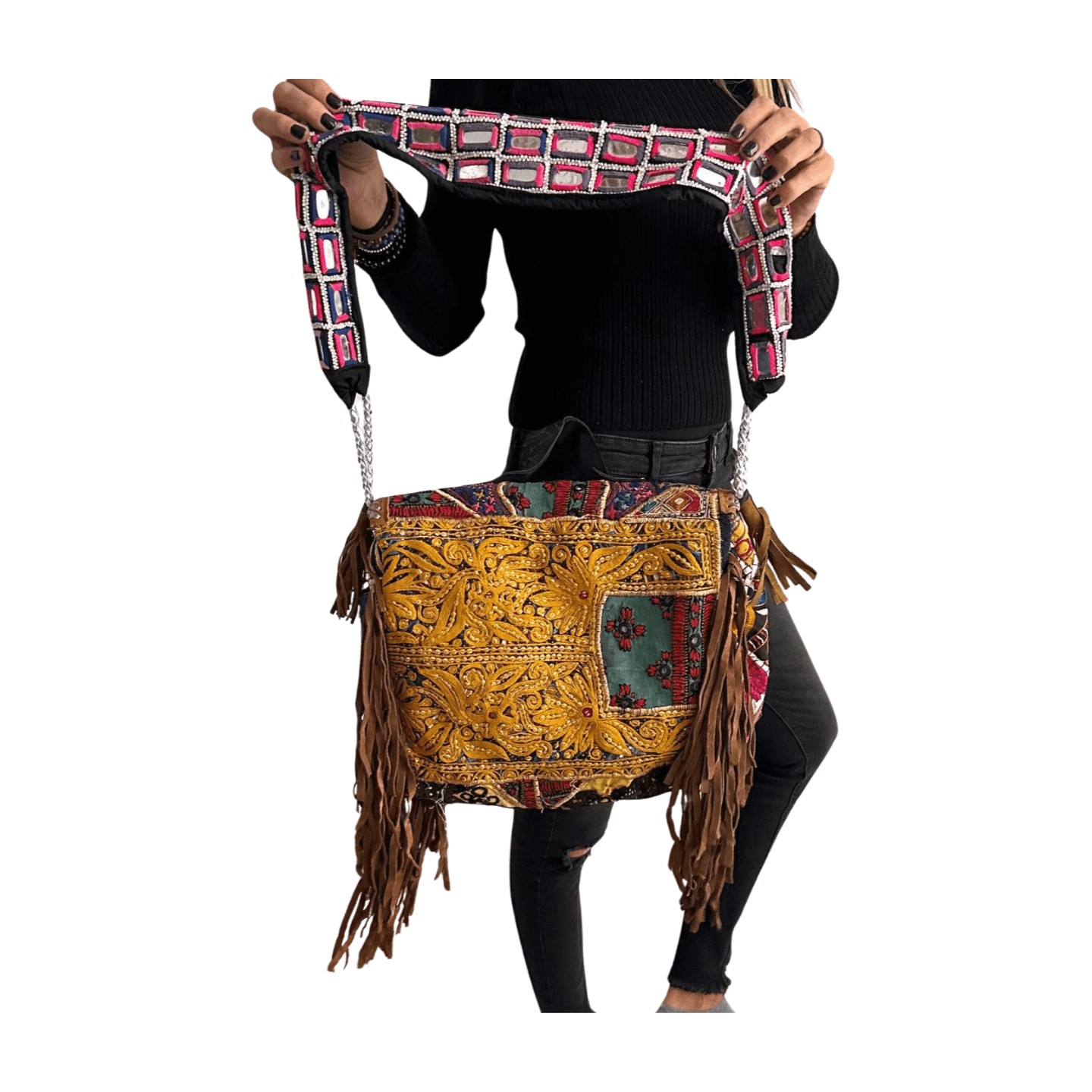 Bolso bohemio de piel con flecos y abalorios-BP2