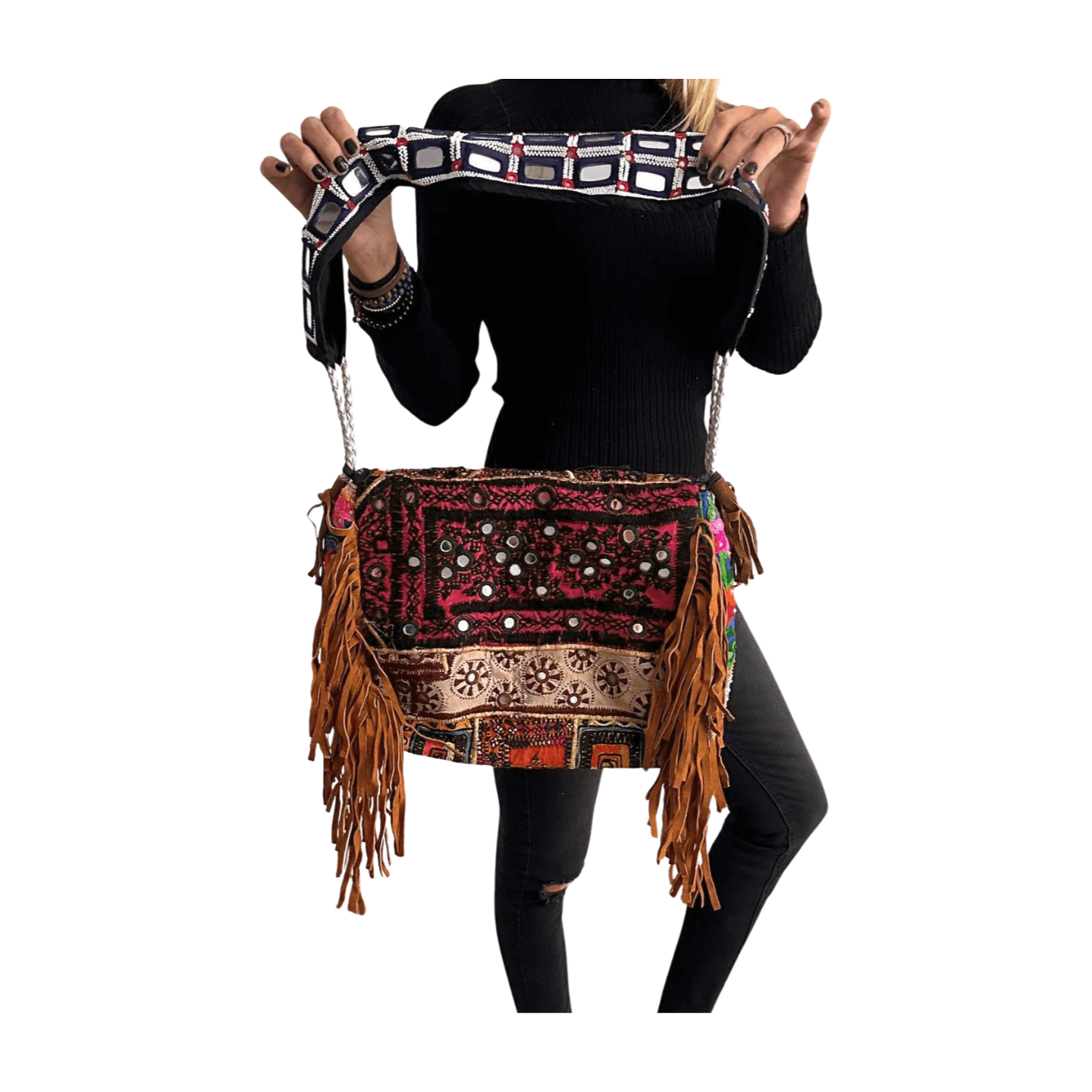 Bolso bohemio de piel con flecos y abalorios-BP3