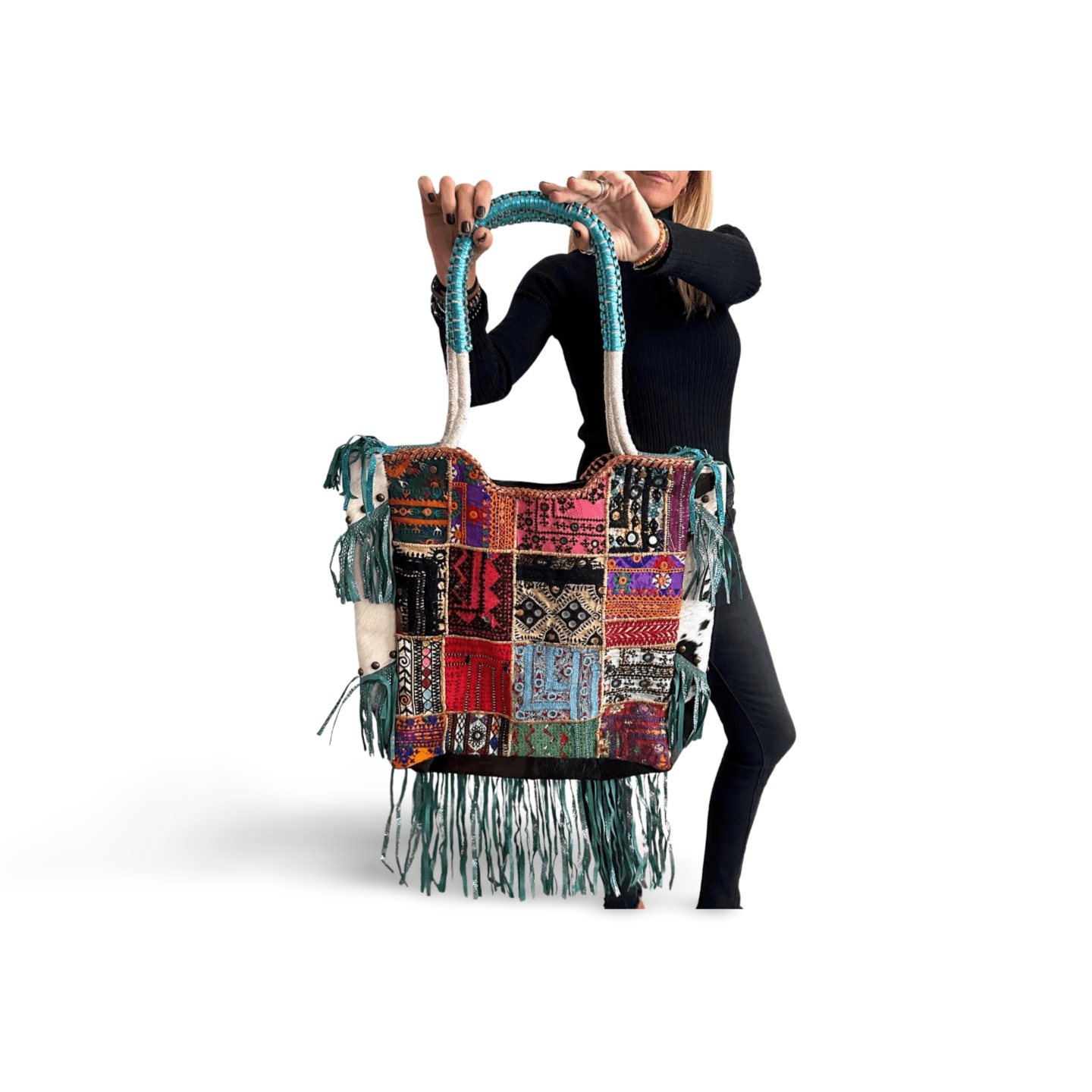 Bolso grande bohemio de piel con abalorios