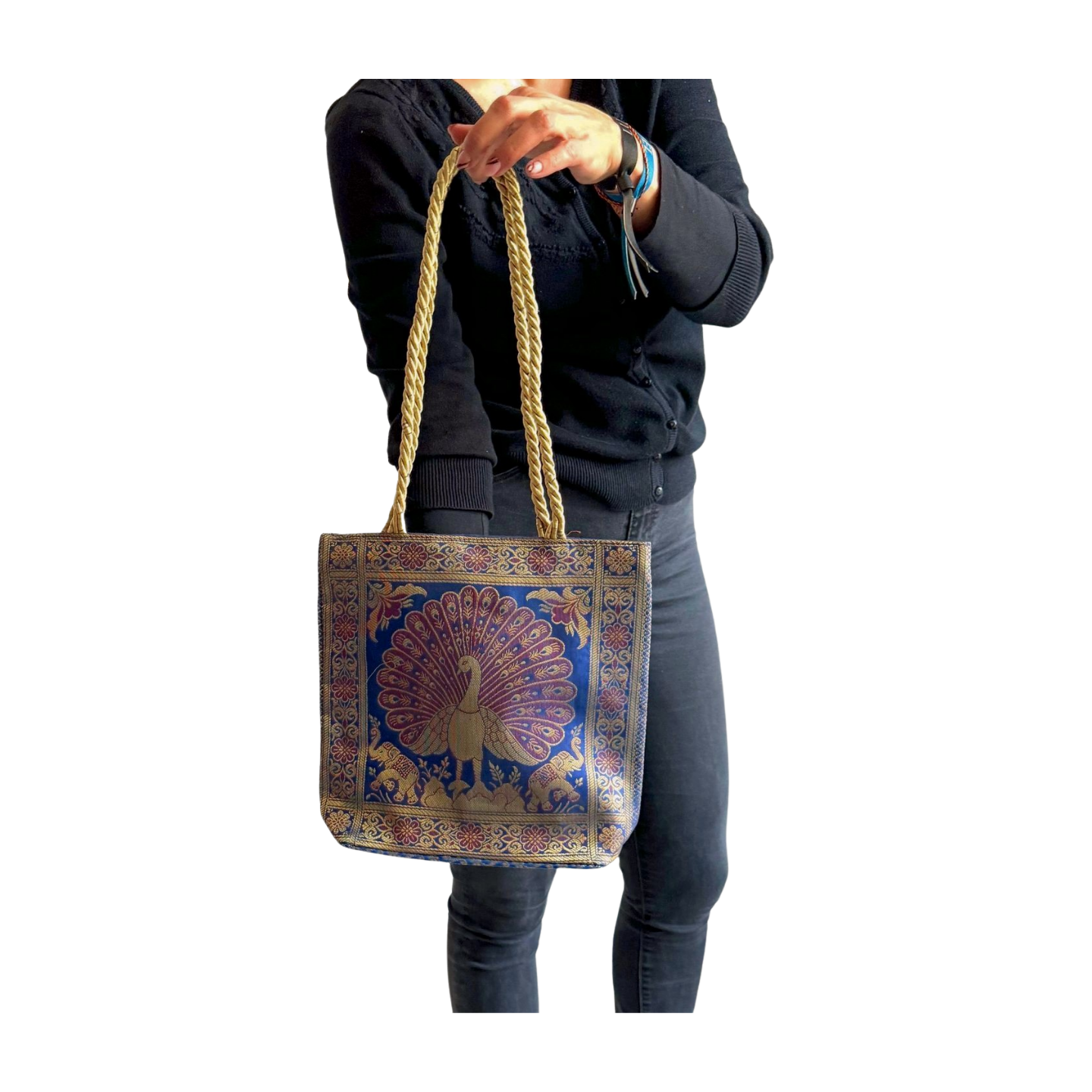 Bolso indio de seda con estampado de pavo real