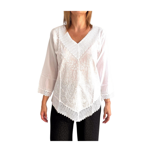 Camisa india de algodón blanca bordada
