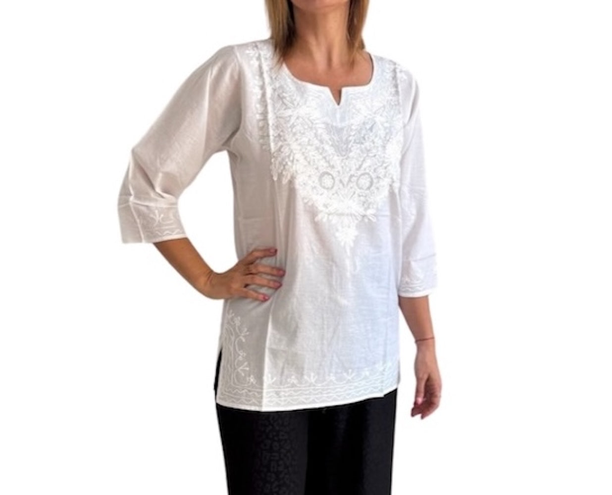 Camisa india de algodón blanca bordada