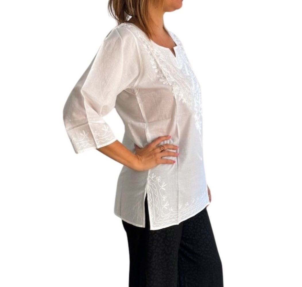 Camisa india de algodón blanca bordada