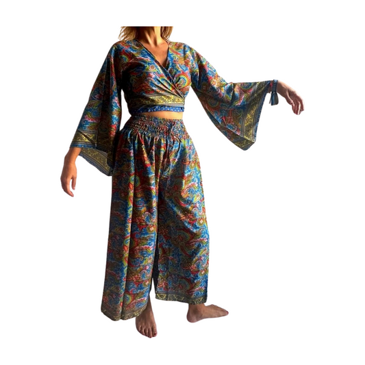 Conjunto de blusa y pantalón ancho de seda india