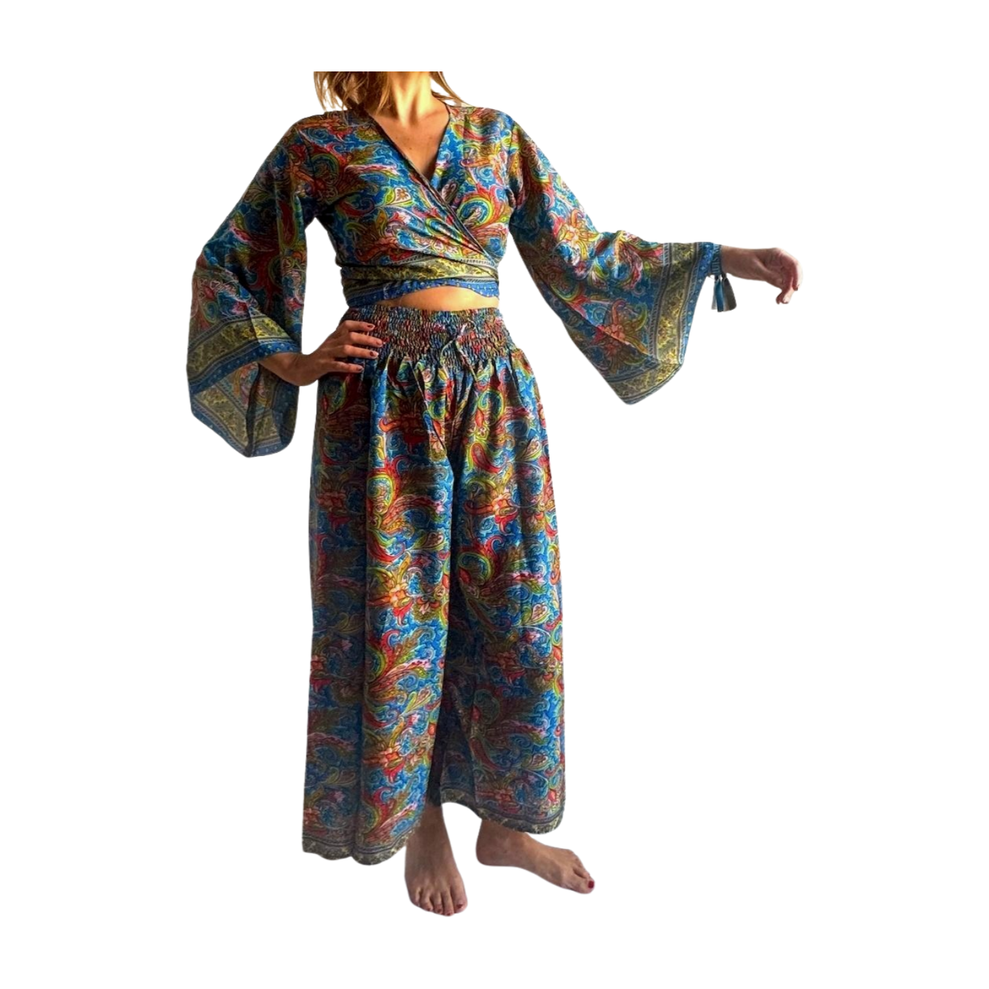 Conjunto de blusa y pantalón ancho de seda india