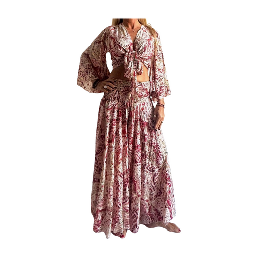 Conjunto seda india de blusa y falda pantalón