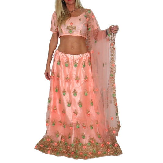 Conjunto Lengha choli y dupatta bordado color rosa palo