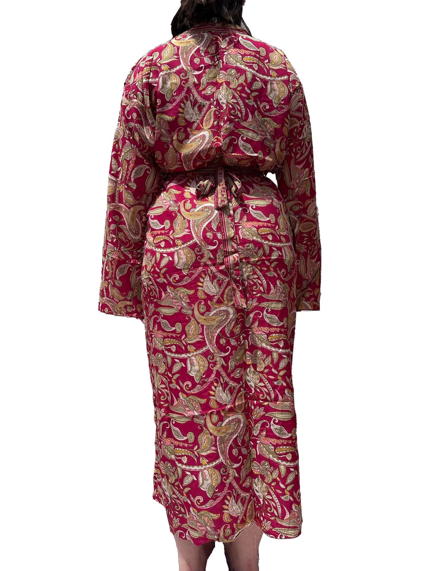 Kimono de seda india estampado granate – comercio ético
