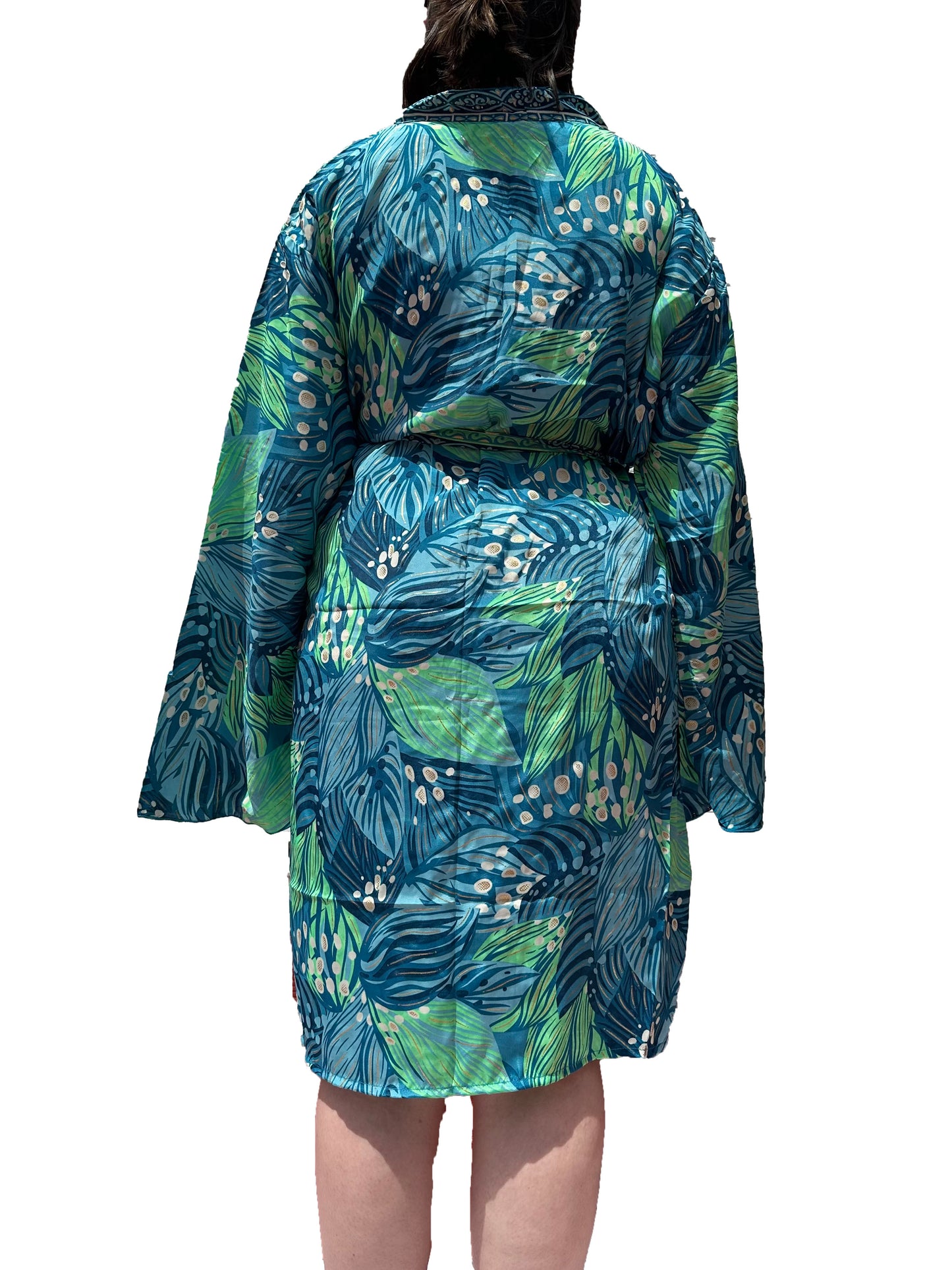 Kimono de seda india estampado azul, verde y dorado– comercio ético