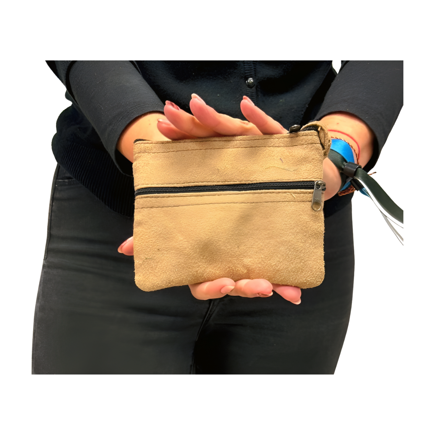 Monedero indio de piel beige bordado