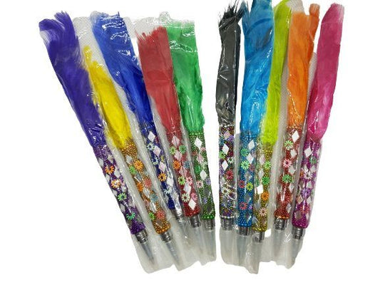 Bolígrafo con espejitos de la India y plumas