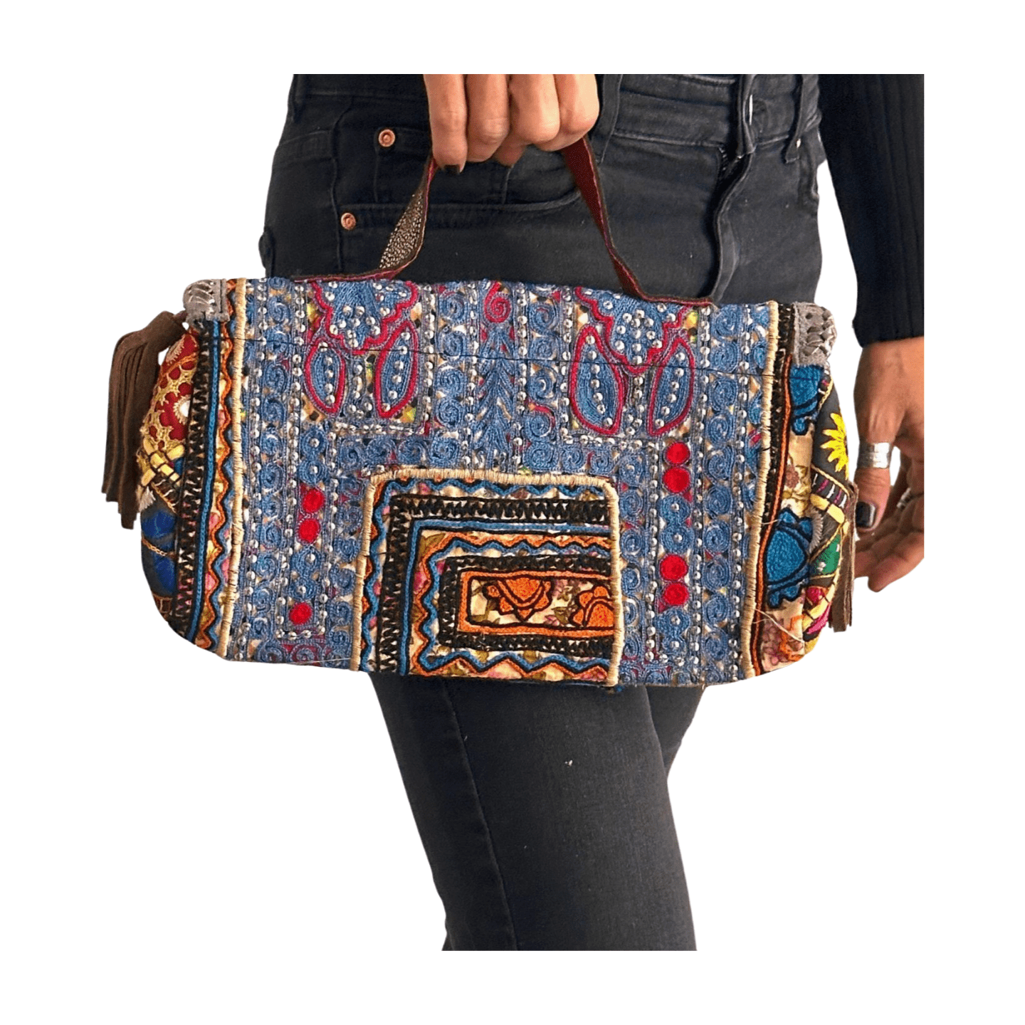 Bolso bohemio pequeño de piel con flecos y abalorios