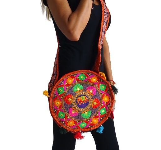 Bolso boho bandolera redondo de la india naranja
