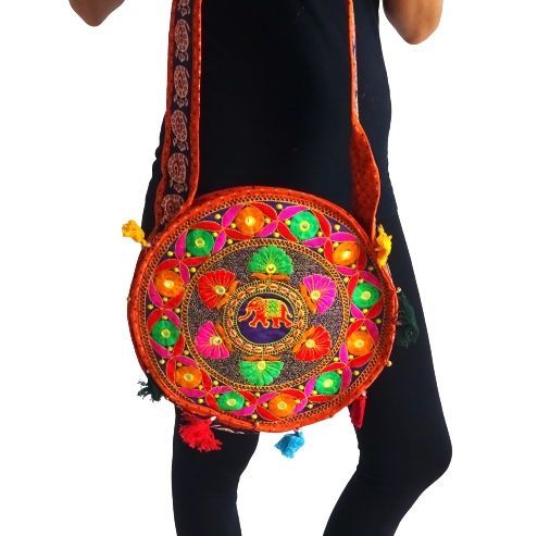 Bolso boho bandolera redondo de la india naranja