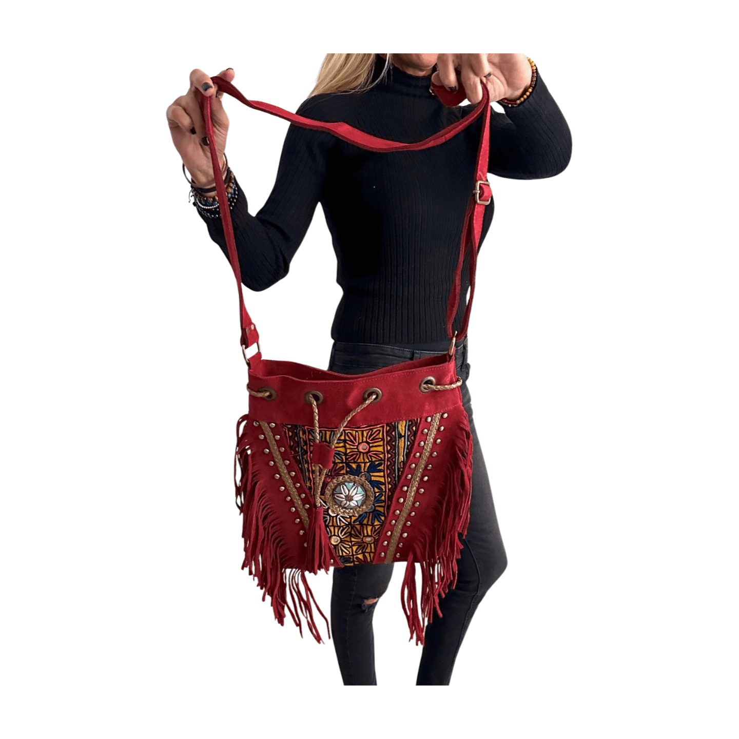 Bolso bandolera indio de piel con flecos