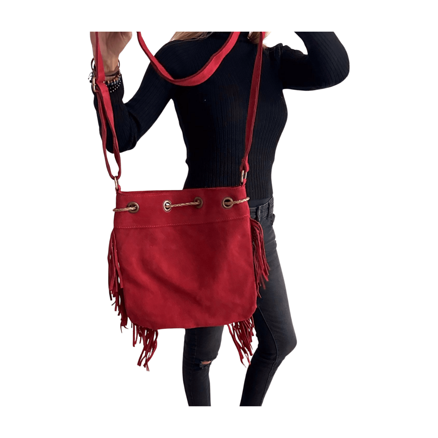 Bolso bandolera indio de piel con flecos