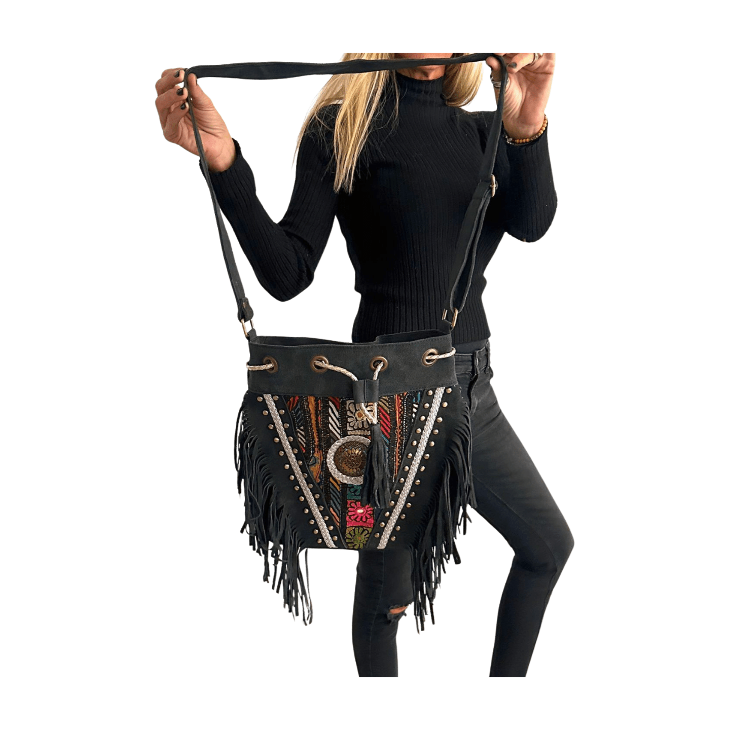 Bolso bandolera indio de piel con flecos