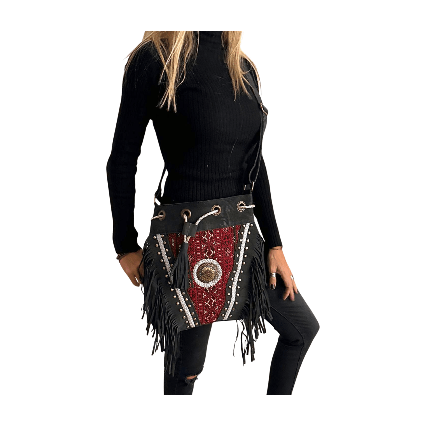 Bolso bandolera indio de piel con flecos