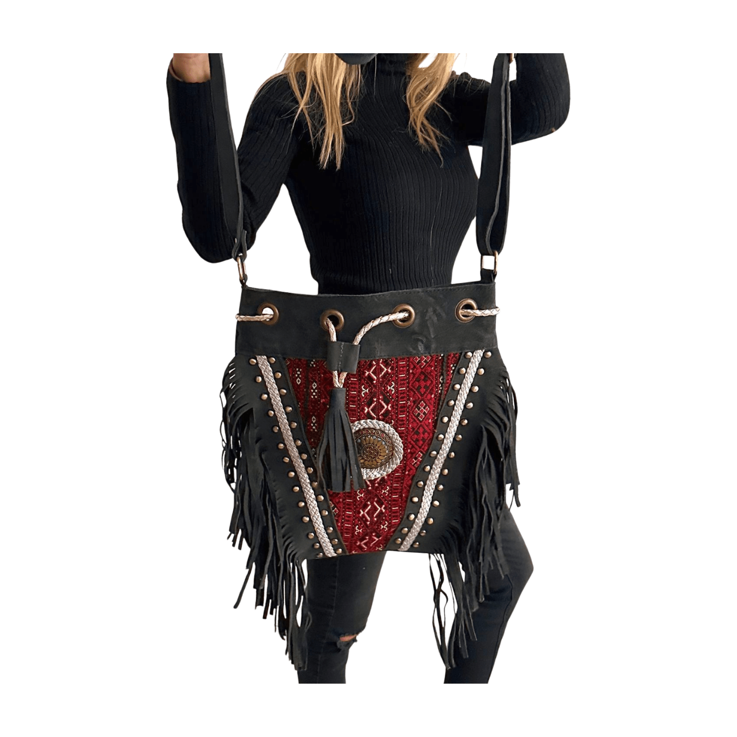 Bolso bandolera indio de piel con flecos