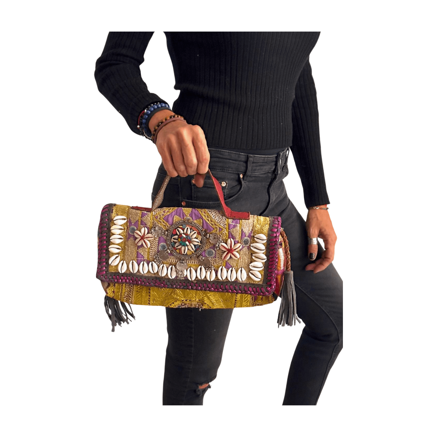 Bolso bohemio pequeño de piel con flecos y abalorios