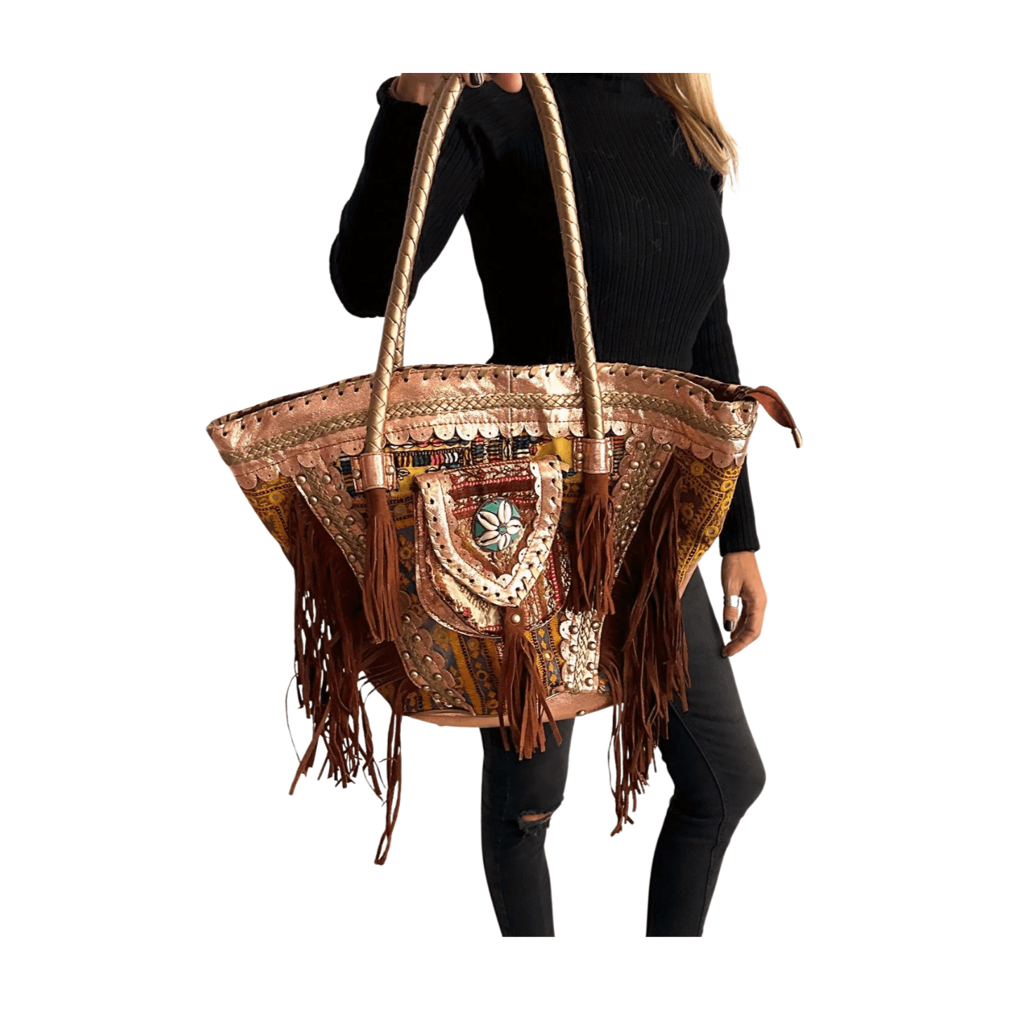 Capazo boho de piel con abalorios de la India