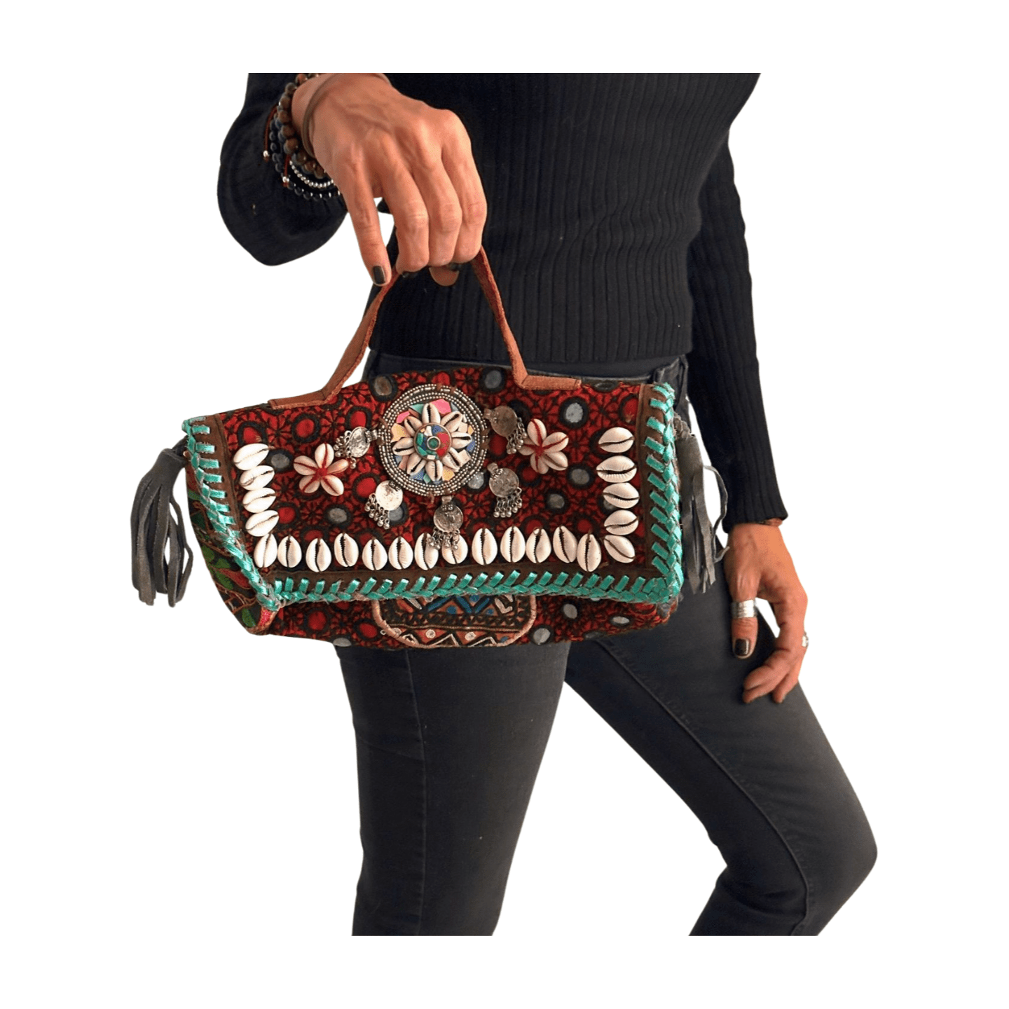 Bolso bohemio pequeño de piel con flecos y abalorios