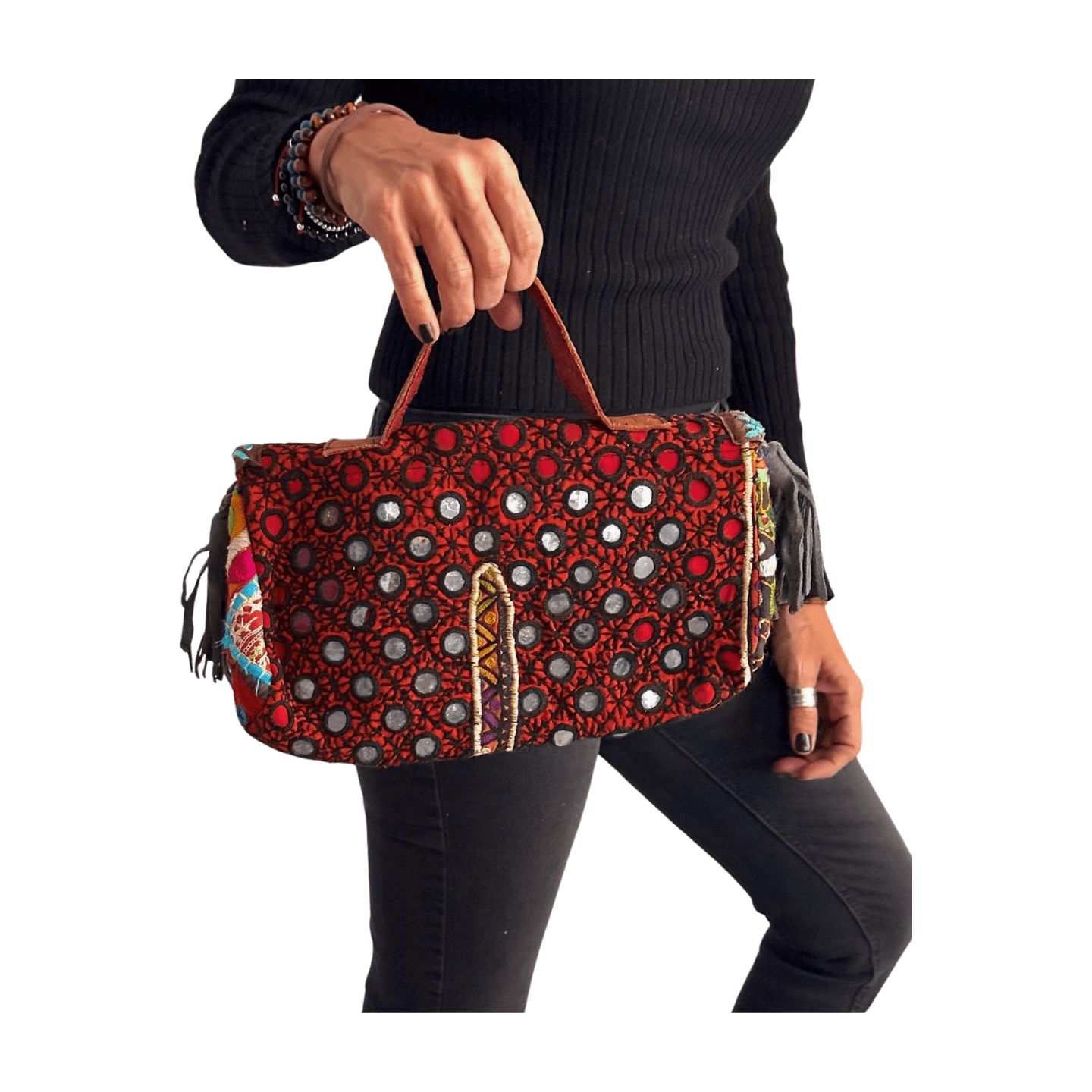 Bolso bohemio pequeño de piel con flecos y abalorios