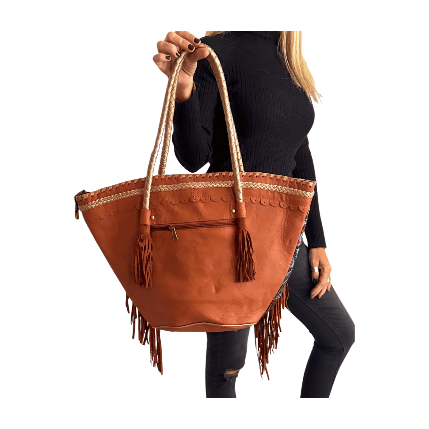 Capazo boho de piel con abalorios de la India