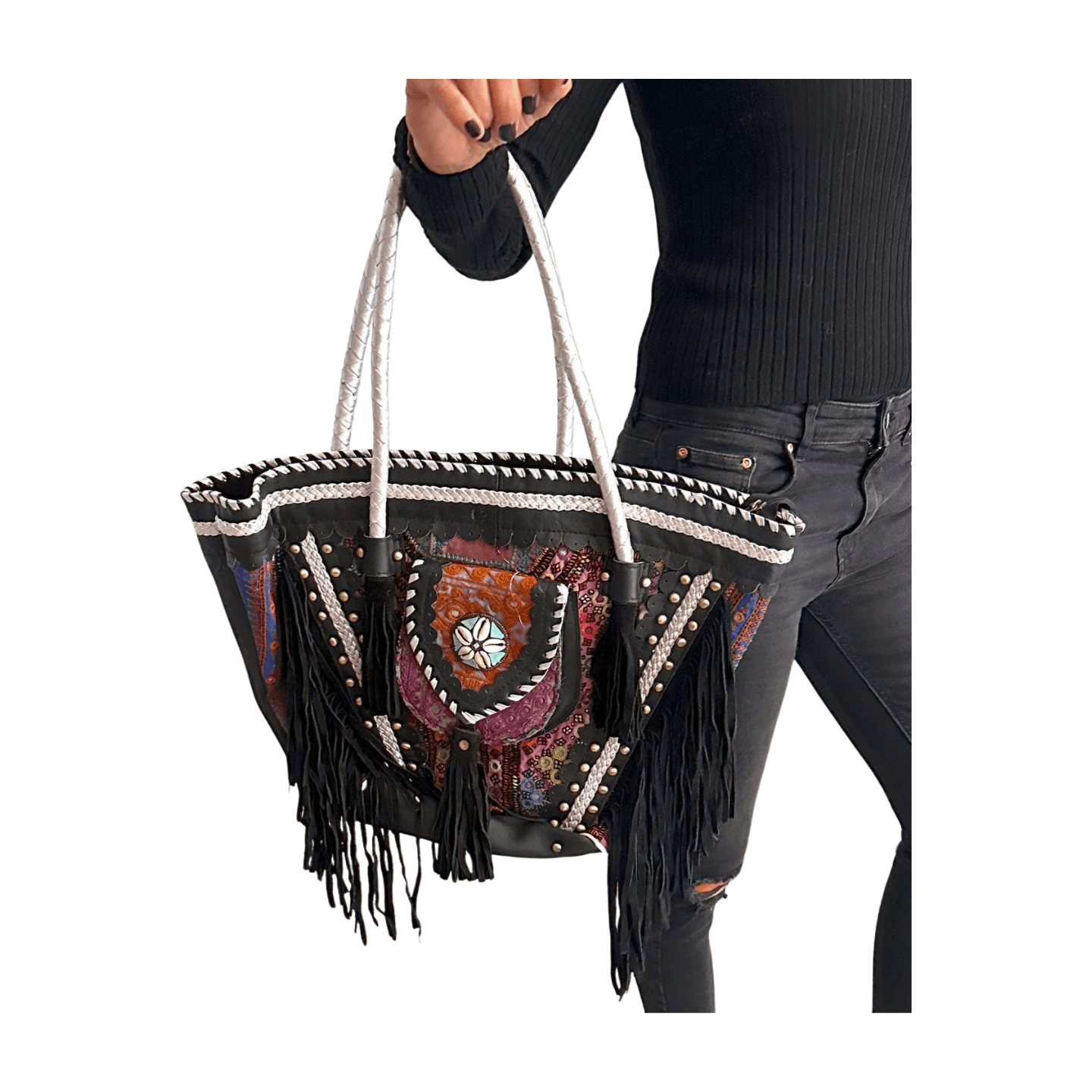 Capazo boho de piel con abalorios de la India
