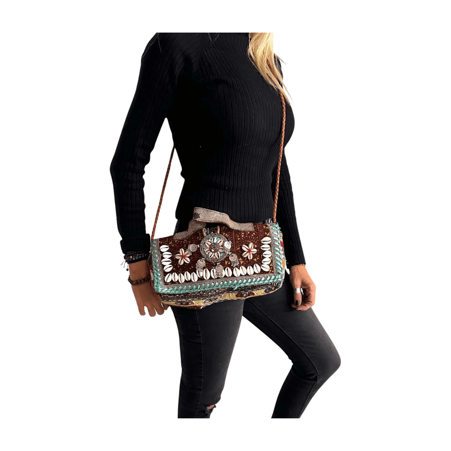 Bolso bohemio pequeño de piel con flecos y abalorios