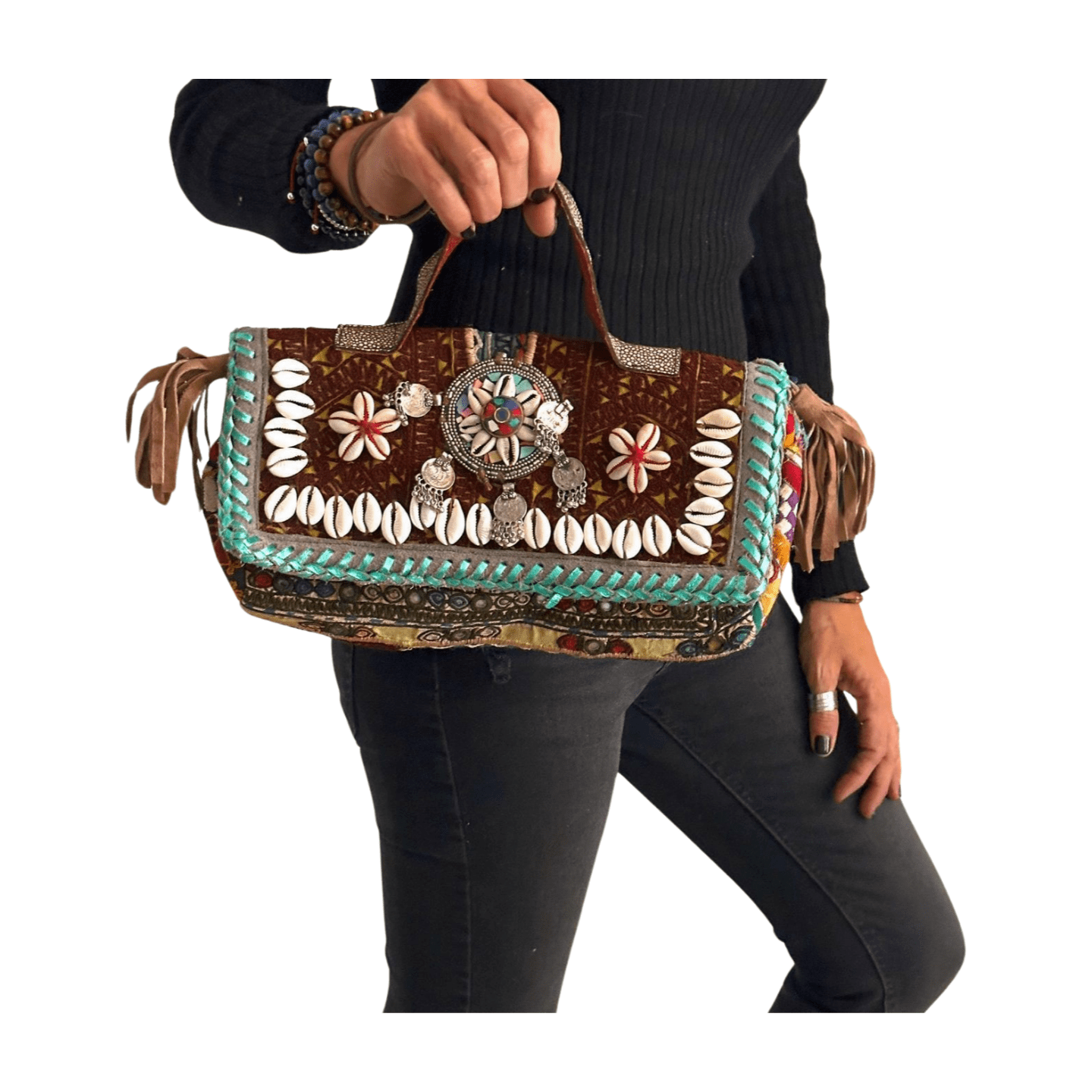 Bolso bohemio pequeño de piel con flecos y abalorios