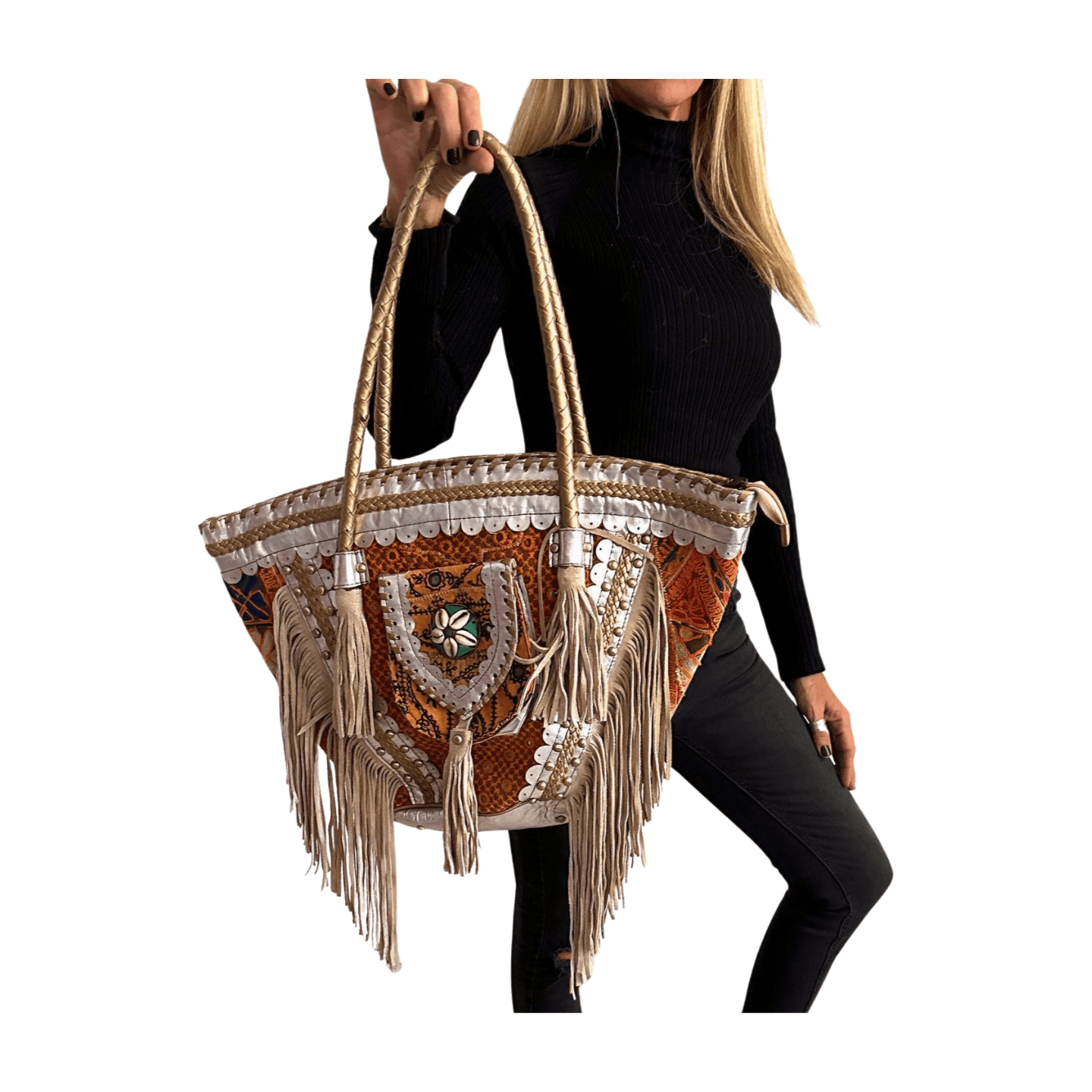 Capazo boho de piel con abalorios de la India