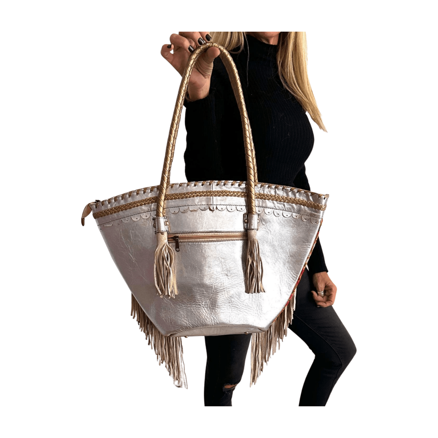 Capazo boho de piel con abalorios de la India