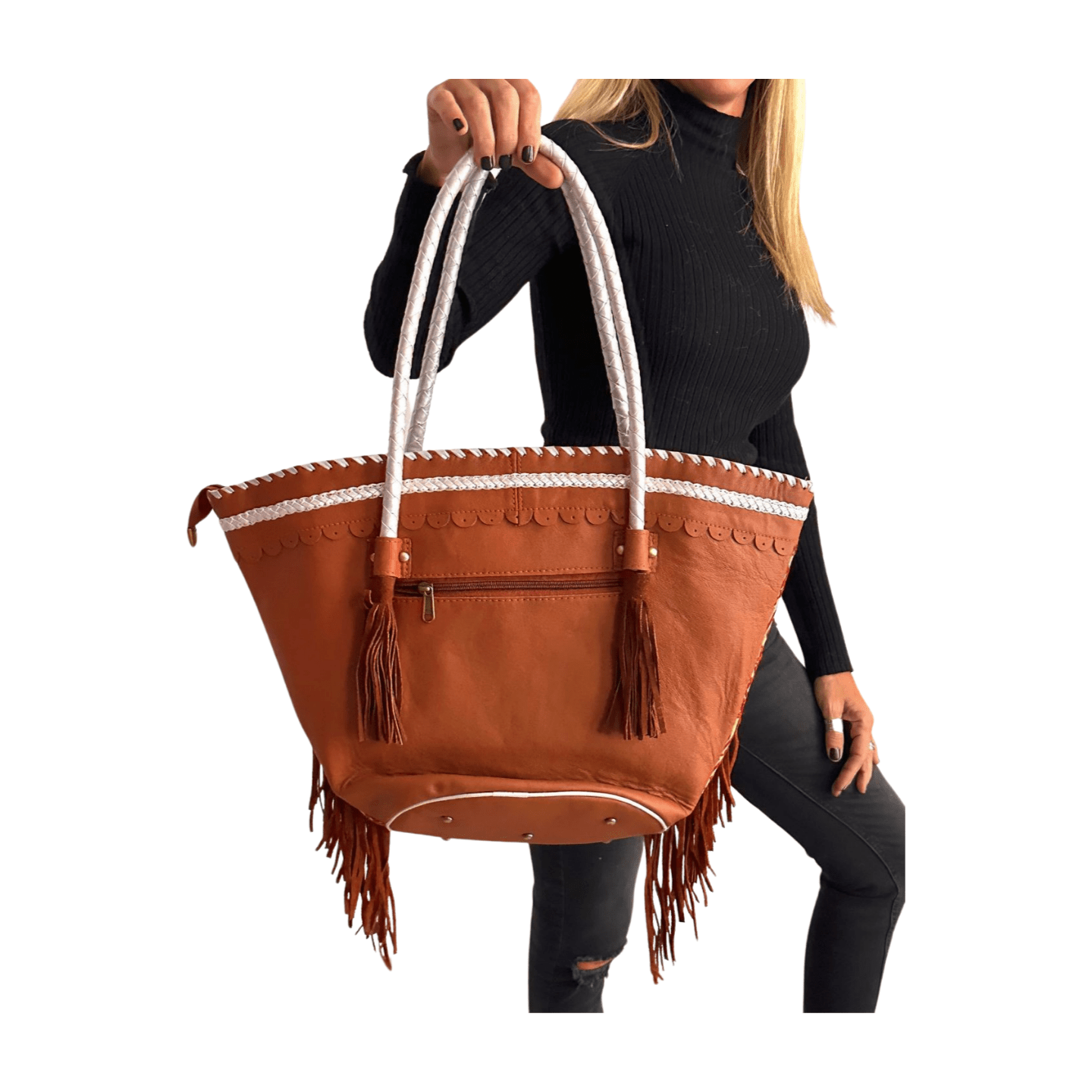 Capazo boho de piel con abalorios de la India