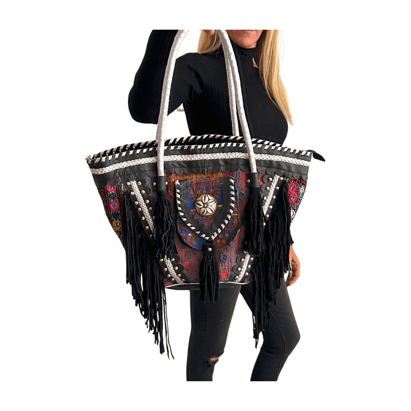 Bolso bandolera indio granate con pompones