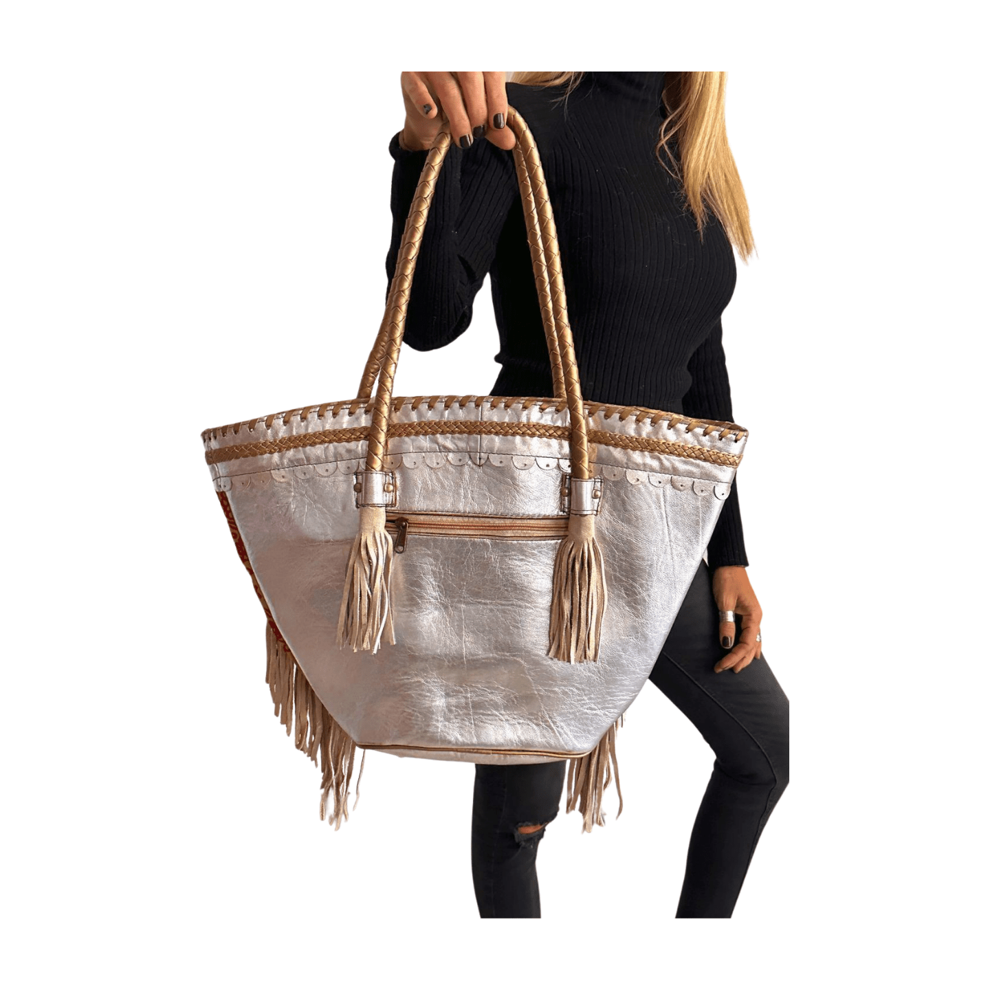 Capazo boho de piel con abalorios de la India