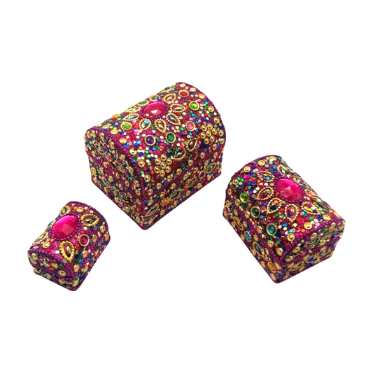 Caja india en forma de cofre fucsia con brillos