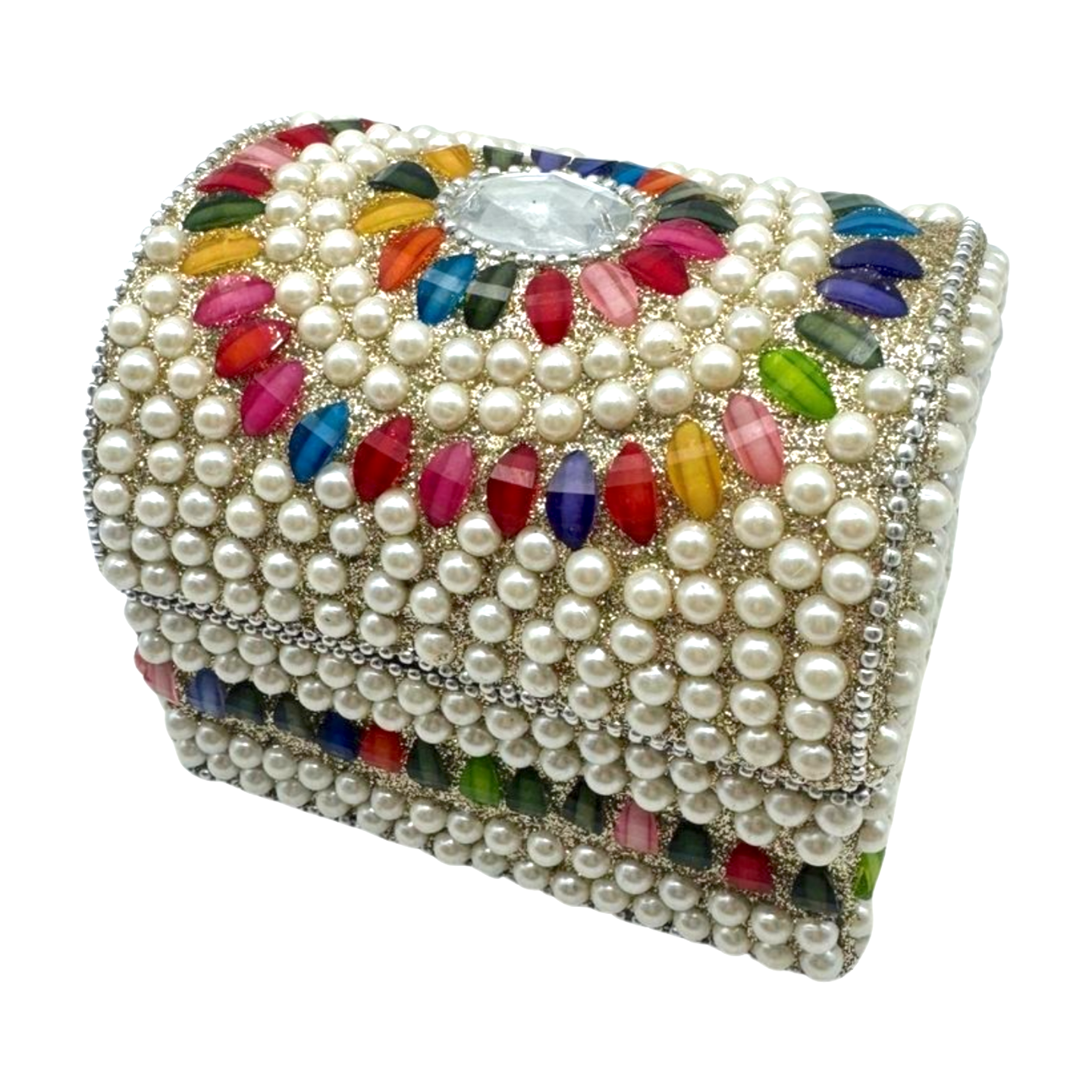 Caja india en forma de cofre con perlitas con cristales de colores