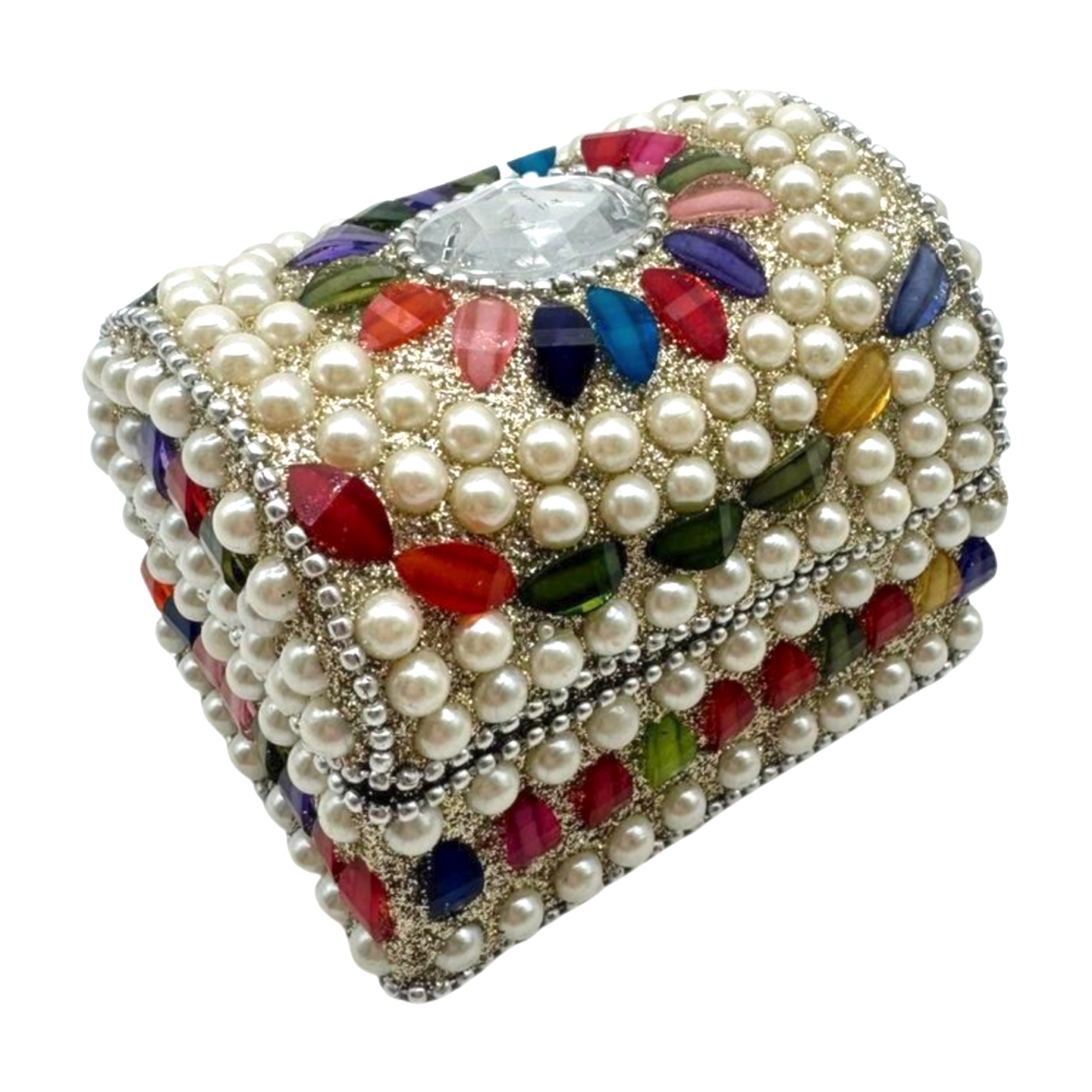 Caja india en forma de cofre con perlitas con cristales de colores