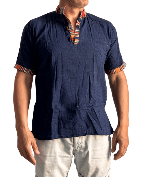 Camisa étnica india para hombre manga corta-Azul marino