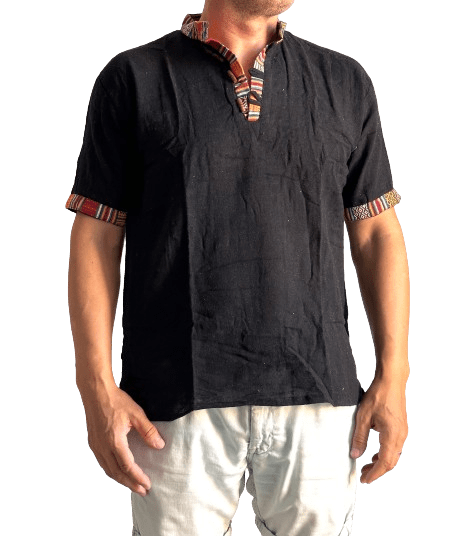 Camisa étnica india para hombre manga corta- Negro
